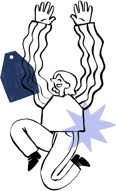 Persona saltando con una etiqueta colgante azul oscuro y una estrella lavanda — el valor que se posiciona.